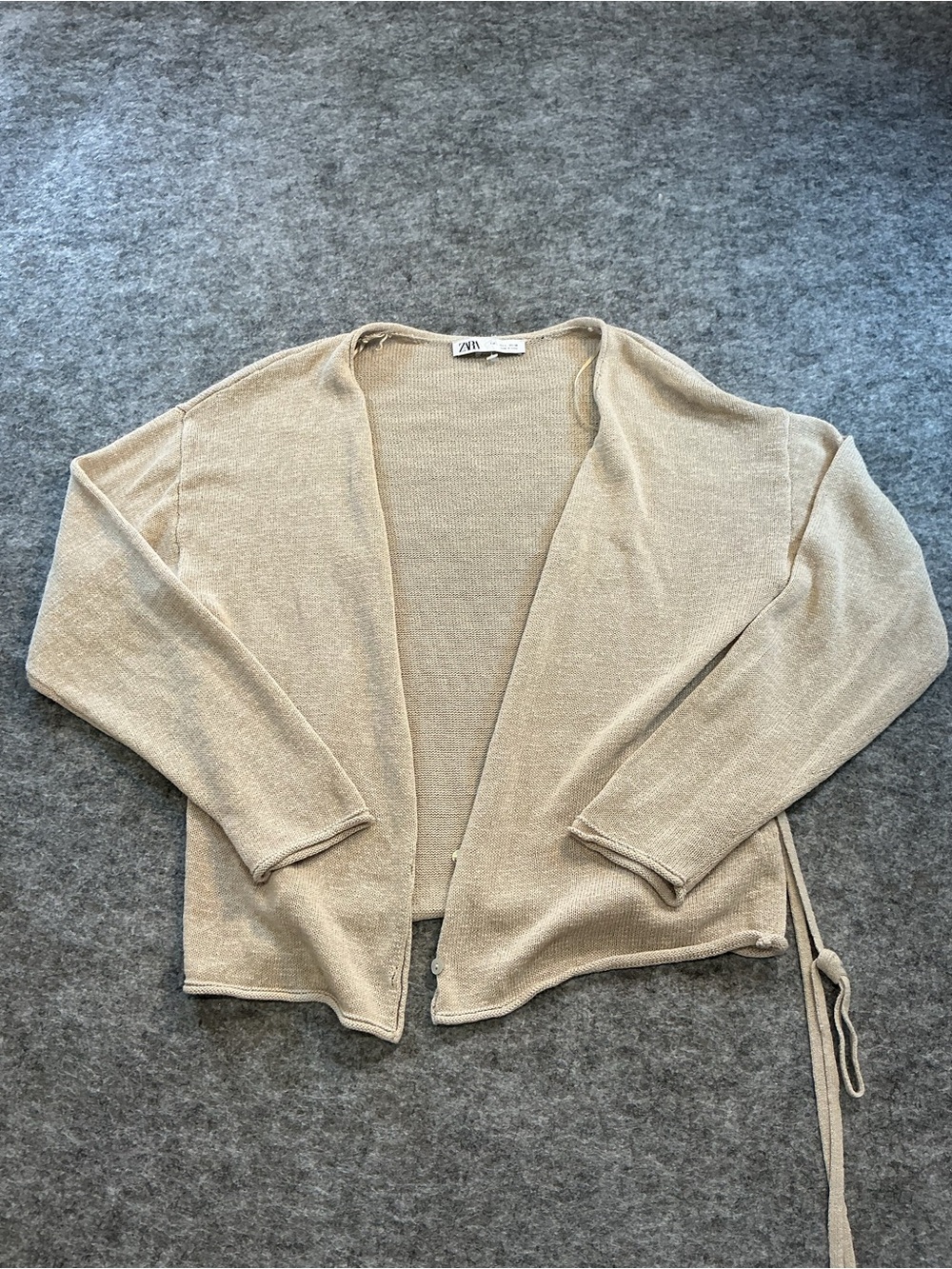 Zara Slub Knit Tie Cream Open-Front Knit Cardigan Size L